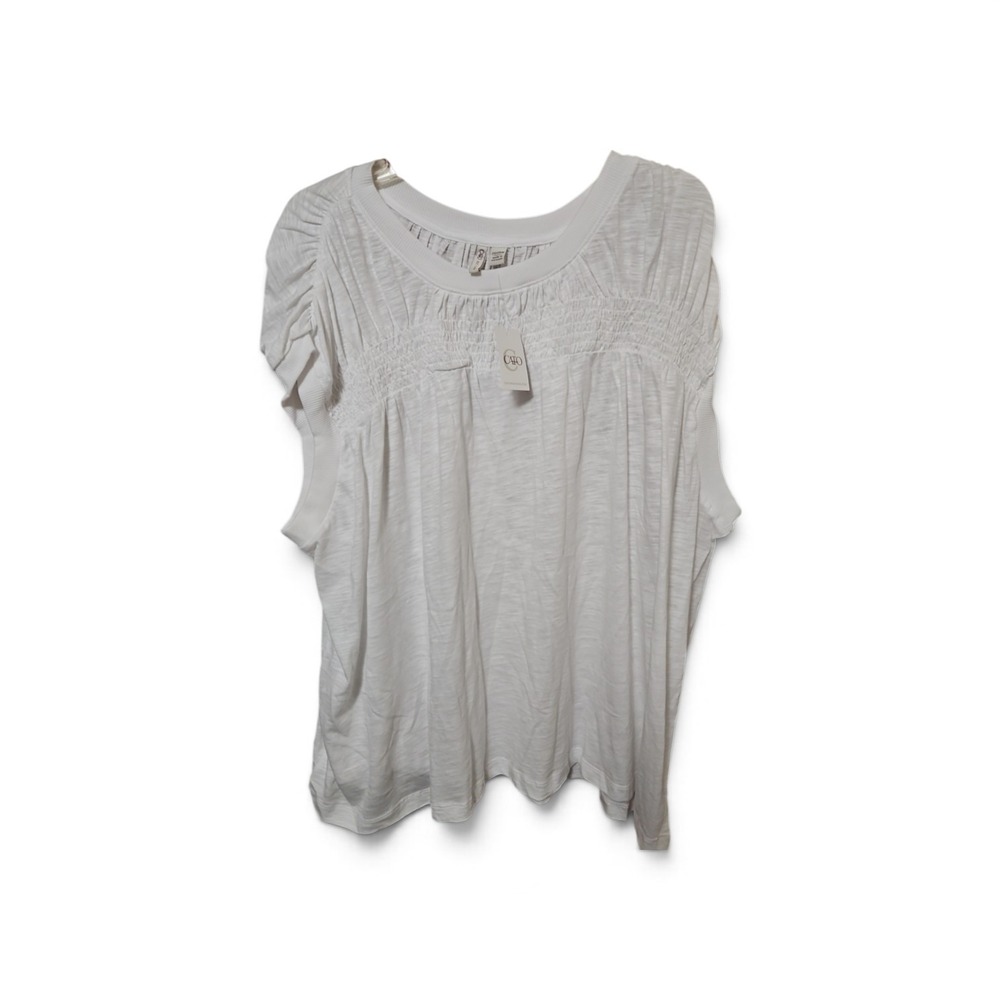 Cato White Smocked Babydoll Top Short Ruffle Sleeve Slub Knit Blouse NWT  0443